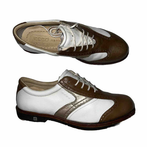 Women’s Ecco Brown  Hydromax  Leather Spiked Golf Shoe 38 White/Brown/Metallic