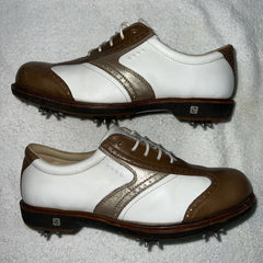 Women’s Ecco Brown  Hydromax  Leather Spiked Golf Shoe 38 White/Brown/Metallic