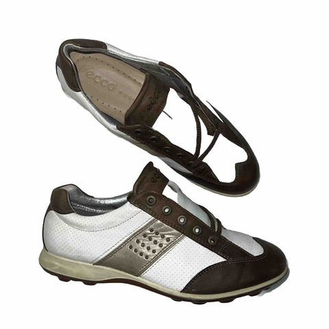 Women’s Ecco Wingtip Spikeless Golf Shoe 38  White/brown/Metallic Leather